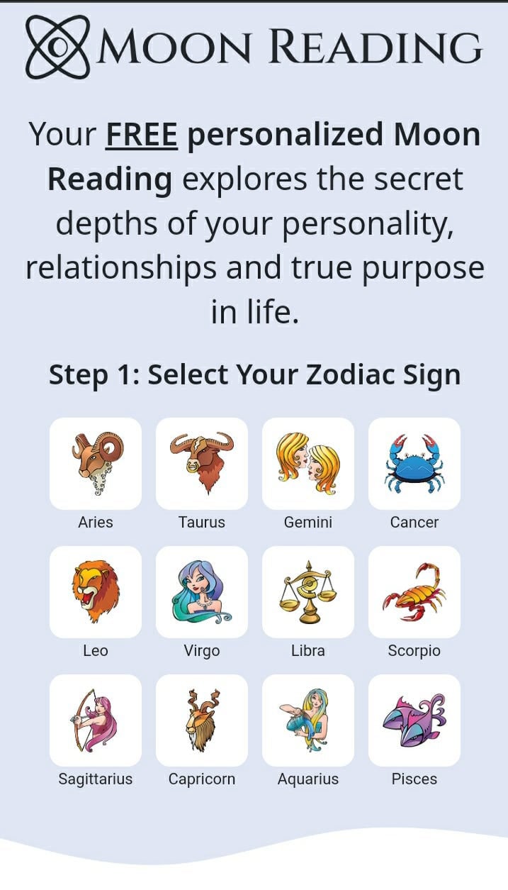 Moon Reading website interface featuring a 12-sign zodiac selector and text offering a free personalized birth chart analysis for relationships and true purpose in life.