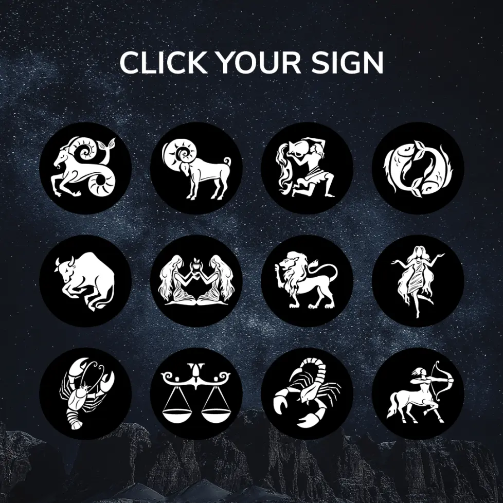 Moon Reading zodiac sign selector featuring all twelve astrology symbols over a starry night sky background with the text 'Click Your Sign'.