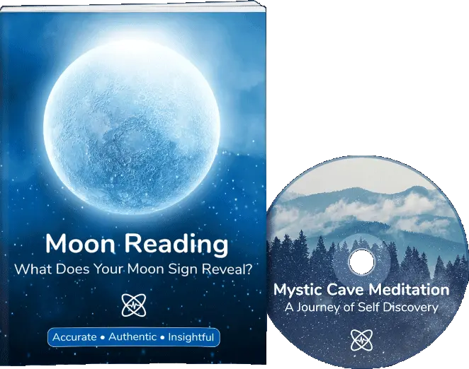 Moon Reading report and Mystic Cave Meditation CD featuring celestial moon imagery for emotional self-discovery and astrology insights.