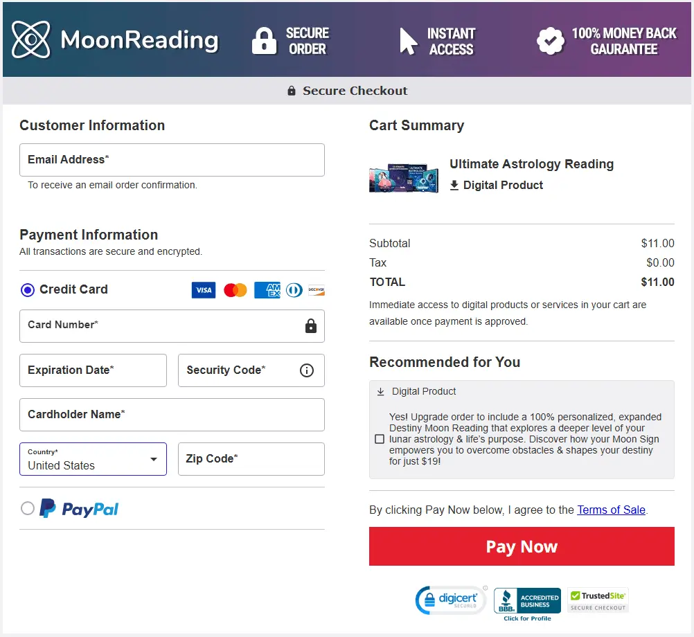 Moon Reading checkout page showing payment options, order summary for the Ultimate Astrology Reading digital product, and satisfaction guarantee badges.