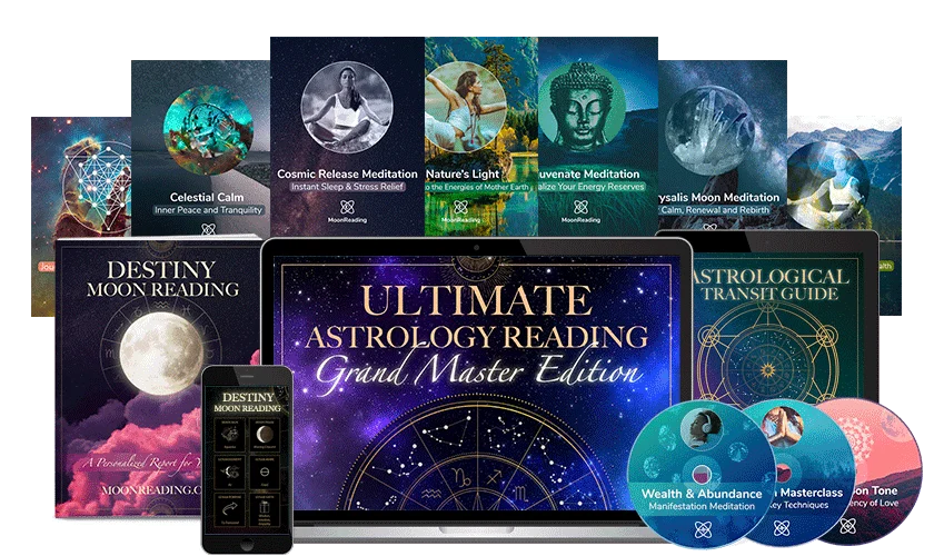 Moon Reading digital product bundle including Ultimate Astrology Reading, Destiny Moon Reading, guided meditation audio tracks, and transit guides for personalized astrological insight.